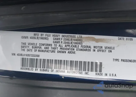 2005 Subaru Legacy 2.5I from USA, damaged, VIN 4S3BL616357222200